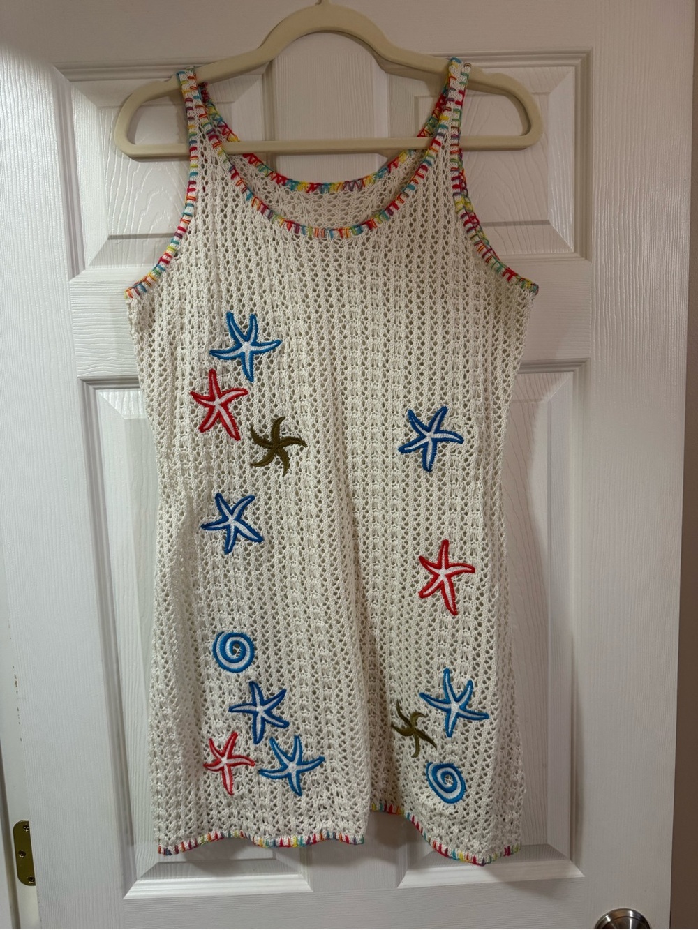 SHEIN Cream Crochet Swim Coverup with Red & Blue Starfish Embroidery